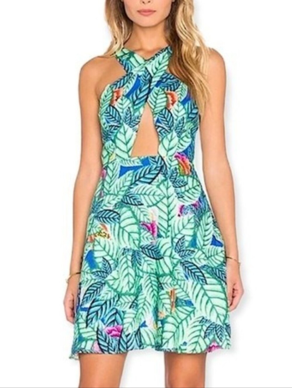 Mara Hoffman Blue-Green Tropical Leaf Cutout Mini Dress 100% Linen